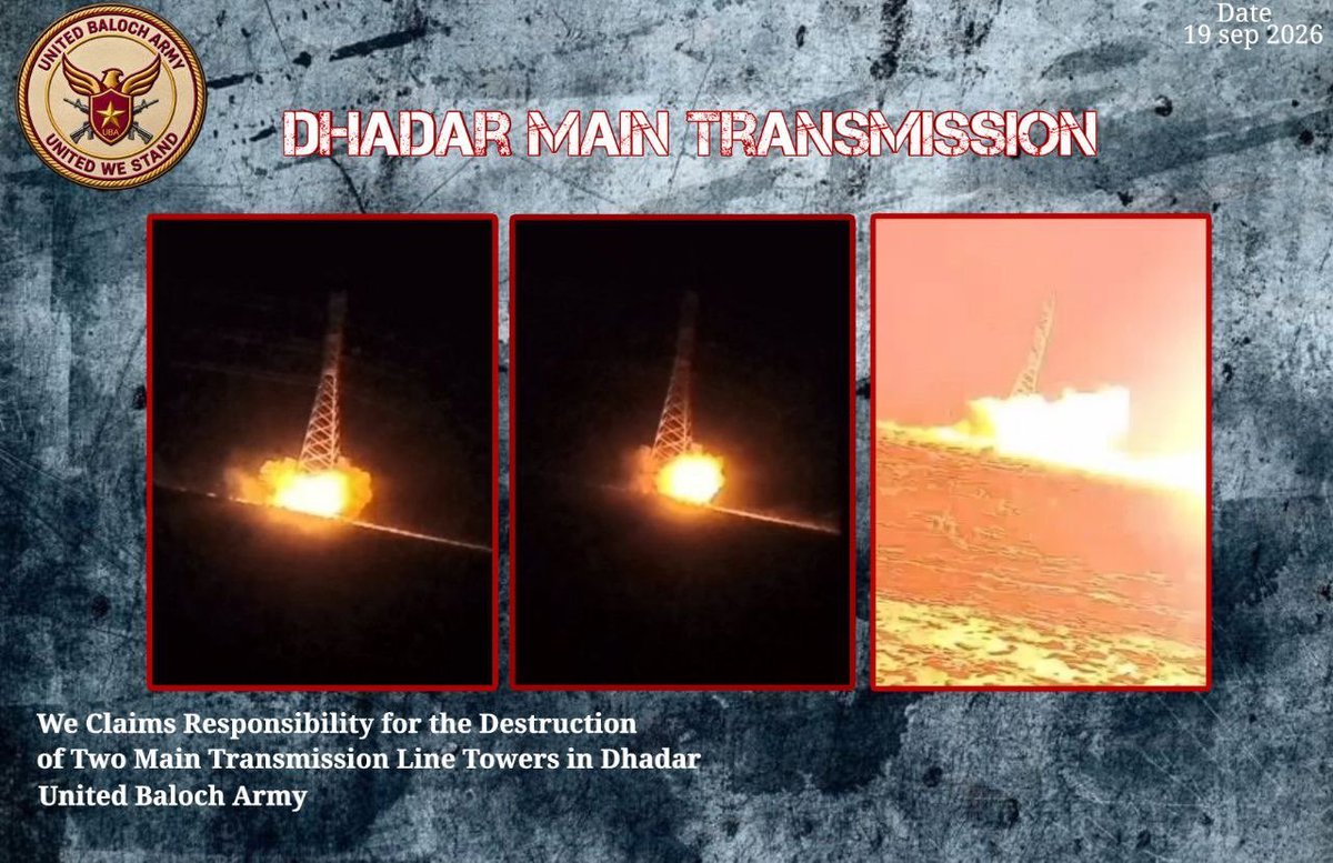 AhsanJunaidAJ's tweet photo. Banned UBA claimed an attack on Saturday evening that damaged two towers of the 132kV transmission line linking Sibi and Dhadar. The incident reportedly disrupted electricity supplies to Dhadar and nearby areas.
#Sibi #Balochistan #UBA #SecurityUpdate #FrontierFiles https://t.co/W8pJvGYvHP