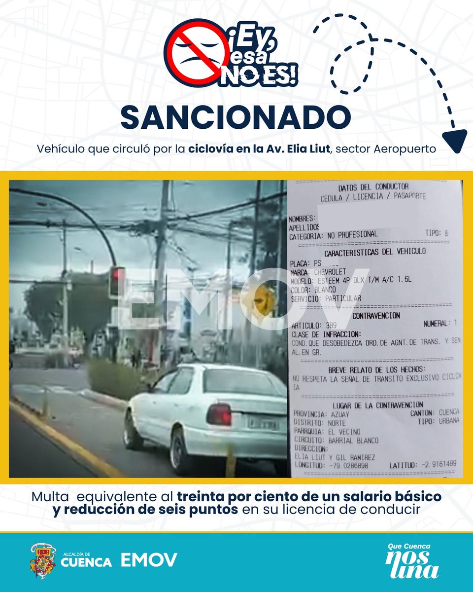 emov_ep's tweet photo. 🚦 #EMOVControla
¡EY, ESA NO ES!
Vehículo sancionado por circular por la ciclovía en la Av. Elia Liut, sector Aeropuerto.
#EMOVContigo
@MarisolPenaloz2
@AlcaldiaCuenca1 https://t.co/pgKoGqJBQu