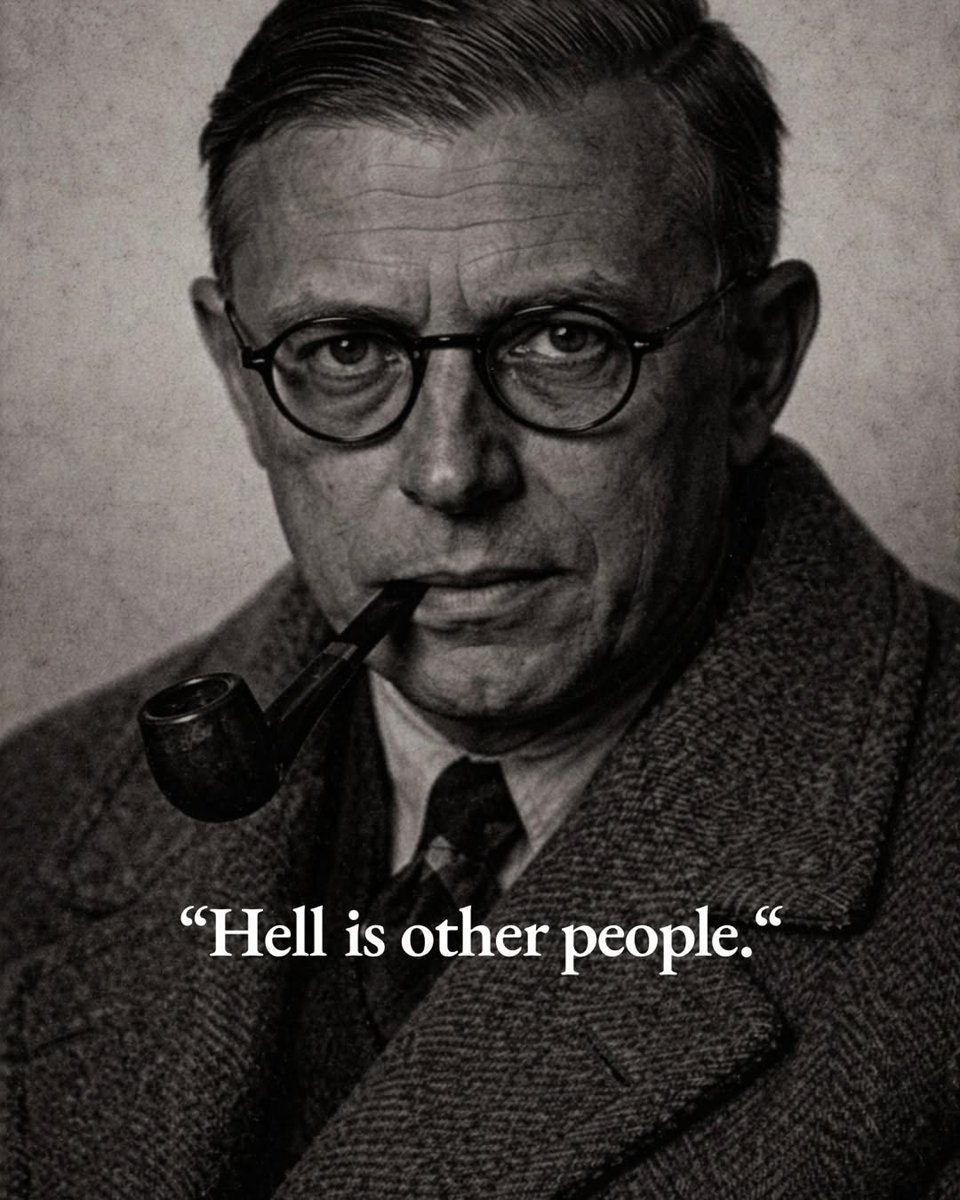 oussama397's tweet photo. You might think Sartre’s “Hell is other people” refers to a lousy dinner with annoying friends or loud neighbors. But the true message is much darker. He was pointing to the psychological trap that emerges once someone looks at us. Suddenly, we’re no... https://t.co/MTp7EDQTL6