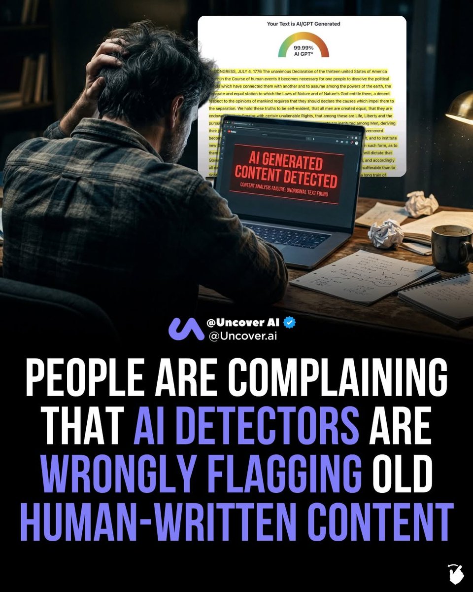 samueltx45's tweet photo. Growing concerns suggest that AI detection tools are incorrectly marking human-written content as AI-generated, including older texts predating modern AI systems.

Examples shared by scholars and writers show academic papers, literature, and historic... https://t.co/zND7yTgK1w