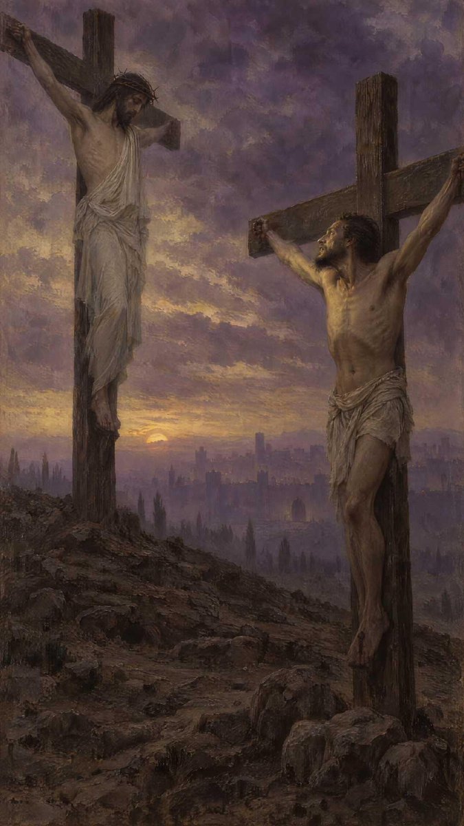 Adam_FaithfulM's tweet photo. The first person Jesus promised heaven to was a criminal who spent part of that morning cursing Him.

Matthew 27:44. The thieves also, who were crucified with him, cast the same in his teeth.

Both of them. Plural. Matthew and Mark both say that the two men dying beside Him joined the crowd and mocked Him.

Then something happened to one of them.

Nobody preached to him. Nobody gave him a tract. He watched a man get stripped, nailed, mocked by priests, gambled over by soldiers, and somewhere in those hours he changed his mind about who was hanging in the middle.

Luke 23:40. Dost not thou fear God, seeing thou art in the same condemnation?

He turns on his own partner first.

Then: And we indeed justly; for we receive the due reward of our deeds.

He doesn't minimize it. Doesn't blame Rome. Doesn't say he fell in with the wrong crowd. He says: I earned this cross.

Then: but this man hath done nothing amiss.

The only man in Jerusalem that day who publicly declared Jesus innocent was a condemned criminal with nails in his wrists. Pilate had said it and then washed his hands. Peter had said it and then denied it. The disciples had scattered.

A thief said it out loud from a cross and couldn't run.

Then he says the sentence that should stop you cold.

Lord, remember me when thou comest into thy kingdom.

Look at what he's looking at while he says it.

A man who can't move. Naked. Bleeding out. Nailed to wood between two criminals. No army. No crown. No miracle. The sky going dark and His own mother sobbing at His feet.

And this man calls Him Lord and says kingdom.

Everyone else that day used the word king as a joke. The soldiers jammed thorns on His head and knelt down, mocking: Hail, King of the Jews. The priests shouted Let Christ the King of Israel descend now from the cross. Pilate nailed a sign above His head in three languages: THIS IS THE KING OF THE JEWS, and meant it as an insult to the whole nation.

Everybody in the story said the word. One man believed it.

And think about the faith required. Every other person who trusted Jesus in the gospels had evidence. They saw blind eyes open. They saw a dead man walk out of a tomb. They watched Him still a storm.

This man saw none of it. He saw Jesus fail. He saw Him lose, publicly, completely, in the most humiliating way the Roman Empire could engineer.

And he looked at total defeat and said: I want to be in your kingdom.

That's the greatest act of faith recorded in the Bible, and it came from a man who had hours left to live.

Now look at what he asked for.

Remember me.

That's all. Not save me. Not take me with you. Just when you come into whatever it is you're coming into, think of me. He asked for a thought. A memory. The smallest thing a man can ask.

And look at the answer.

Luke 23:43. Verily I say unto thee, To day shalt thou be with me in paradise.

He asked to be remembered someday. Jesus said today.
He asked for a thought. Jesus said With me.
He asked to be included. Jesus said paradise.
Now that word. Paradise.
In Greek it's paradeisos. It isn't originally a religious word at all; it's an old Persian term for a walled garden, an enclosed park belonging to a king.

And when Jewish scholars translated the Hebrew Bible into Greek, that's the word they chose for one specific place.

Genesis 2:8. And the LORD God planted a garden eastward in Eden.

Paradeisos. The garden.

So read the promise again with that in your ears.

A man is dying for his crimes, and the Son of God tells him: today you'll be with me in the garden.

The garden humanity was thrown out of. Genesis 3:24: God placed cherubim at the east of the garden of Eden, and a flaming sword which turned every way, to keep the way of the tree of life.

An angel with a burning sword stood at that gate for the whole Old Testament. Nobody got back in. Not Abraham. Not Moses. Not David.

And the first human being told he was going back in was a convicted criminal, and the announcement was made by a man bleeding to death three feet away from him.

The sword came down on the wrong man, and the gate came open.

Now count what the thief had.

No baptism. He was nailed to a cross; he wasn't going anywhere near water.
No good works. His hands were fixed to wood. He could not physically do one single thing for God for the rest of his life.
No restitution. Whoever he stole from never got it back.
No church. No membership, no giving, no service, no years of faithfulness.
No time. He had hours.

He had nothing. He came with empty hands, an honest confession, and one sentence of faith.

And he is the only person in the entire Bible that Jesus personally, verbally, by name guaranteed would be with Him in paradise that same day.
The man we are most certain is in heaven did the fewest works of anyone in Scripture.
That should wreck your arithmetic.
Because you've been keeping a ledger. Years of church against years you were gone. Prayers against failures. The version of you people see against the one you actually are. You've got some idea that there's a number you have to hit before God will look at you and you're behind on it, and you know it.
The thief had nothing on his side of the ledger but a lifetime of theft and a morning of mockery.

Jesus didn't ask him for anything else.

And notice: Jesus never told him to clean up first. Never said if you had more time. Never asked what he'd stolen or from whom. The man asked to be remembered, and Jesus handed him the garden.

If you're reading this thinking you're too far gone, or too late, or too dirty, or that you'd need years to get right before God would want you.

He saved a man who had six hours left and couldn't move his hands.

He can do something with what's left of yours.

Say what the thief said.

Remember me.
