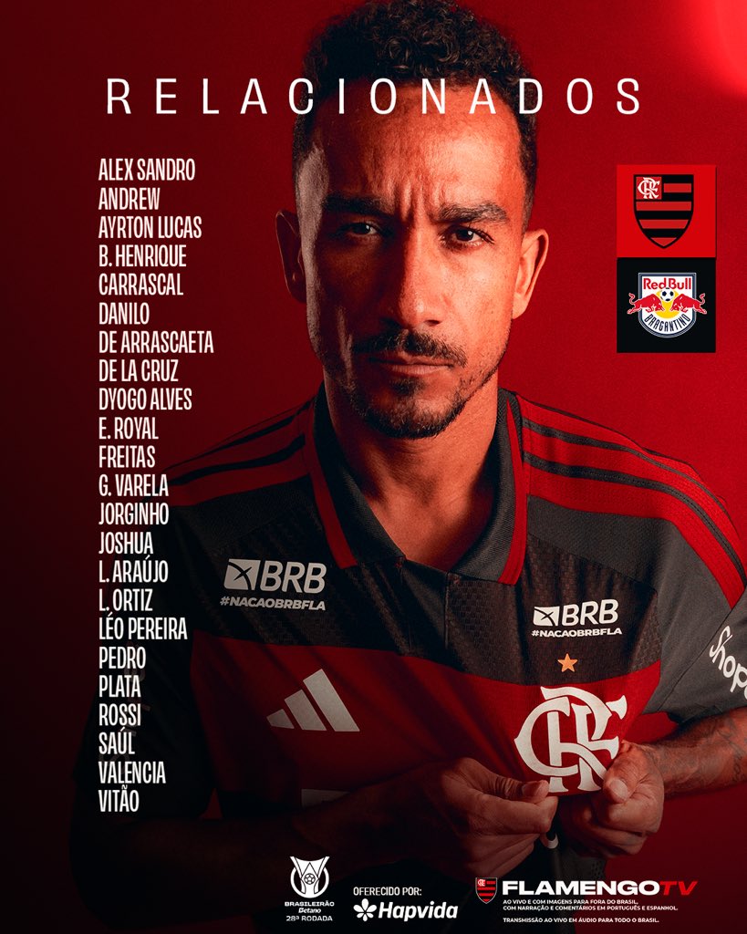 Flamengo's tweet photo. Confira os #relacionados do Mengão para a partida diante do RB Bragantino, pelo Brasileirão! 
#FLAxRBB https://t.co/yPVNcJDlVg