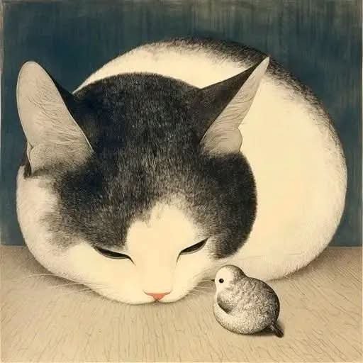 ElliottBlackwe3's tweet photo. "Cat and Small Bird" by Tōshi Yoshida https://t.co/v0SWX0TDXd