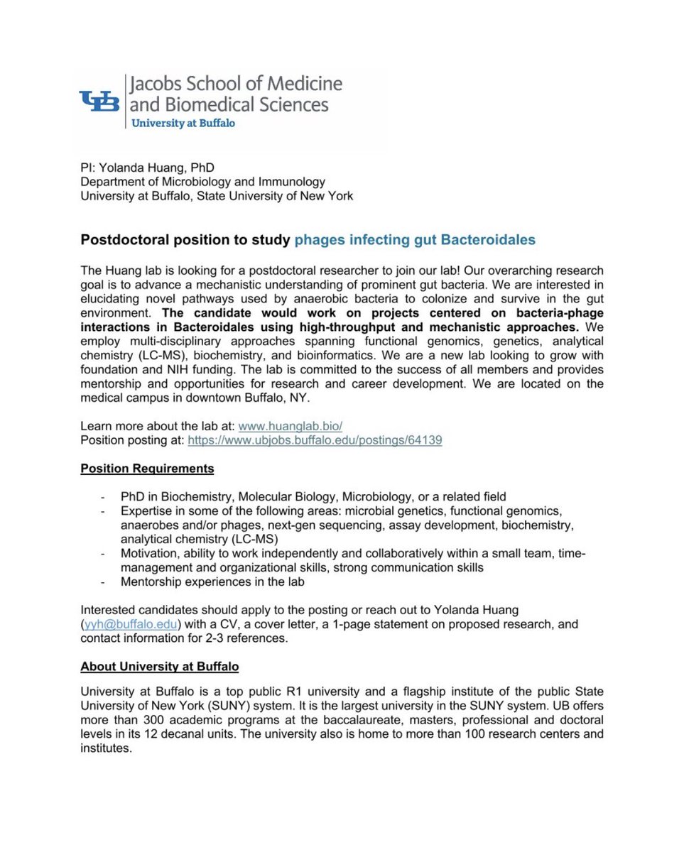 thatoptometrist's tweet photo. 🚨 POSTDOC ALERT AT UNIVERSITY AT BUFFALO, USA 📢 🇺🇸
Huang Lab, Dept. of Microbiology and Immunology, Jacobs School of Medicine and Biomedical Sciences — PI: Yolanda Huang, PhD.
📚 Study phages infecting gut Bacteroidales & mechanistic understanding of prominent gut bacteria.
🔬 Investigate bacteria-phage interactions using high-throughput & mechanistic approaches spanning functional genomics, genetics, analytical chemistry (LC-MS), biochemistry & bioinformatics.
🎓 PhD in Biochemistry/Molecular Biology/Microbiology or related field; expertise in microbial genetics, functional genomics, anaerobes/phages, NGS, assay development, biochemistry or LC-MS.
🏥 New lab (foundation & NIH funded) on UB's medical campus in downtown Buffalo, with strong mentorship & career development support.
📍 Buffalo, NY, USA.
📩 yyh@buffalo.edu or apply at https://t.co/0YU8vERdjx (CV, cover letter, 1-page proposed research statement, 2-3 references)