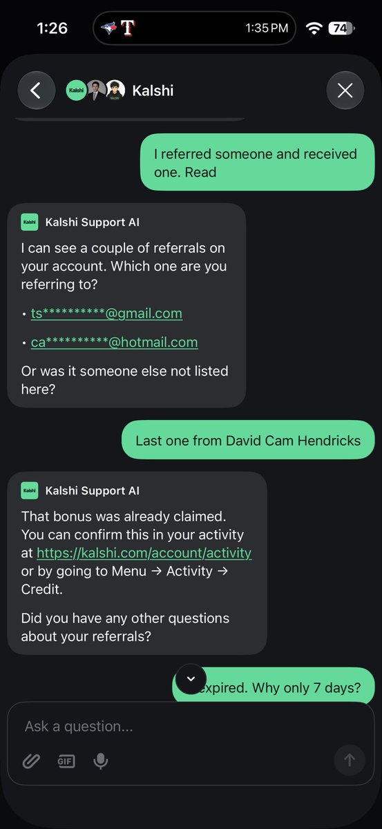 JeffS1977's tweet photo. @Kalshi Why was my referral bonus taken? I guess I won’t be using your app anymore and encourage others too. Your AI support is completely useless https://t.co/aUB8iJixpC