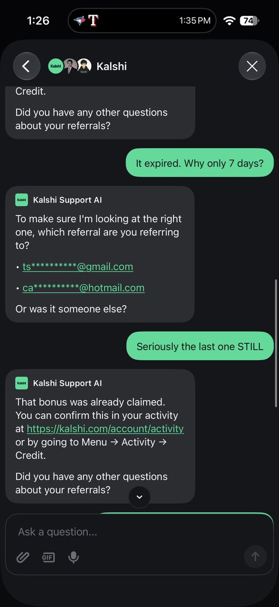 JeffS1977's tweet photo. @Kalshi Why was my referral bonus taken? I guess I won’t be using your app anymore and encourage others too. Your AI support is completely useless https://t.co/aUB8iJixpC