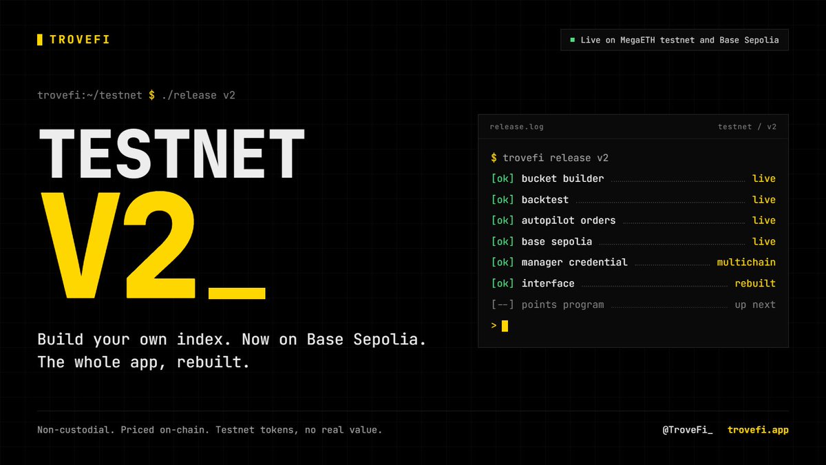 TroveFi_'s tweet photo. TroveFi testnet V2 is live.

→ Bucket Builder: build your own index
→ now on Base Sepolia, not just MegaETH
→ the whole app, rebuilt

free testnet tokens. go break it.

→ https://t.co/SM5onFCIZV https://t.co/3IUwxiYlnl