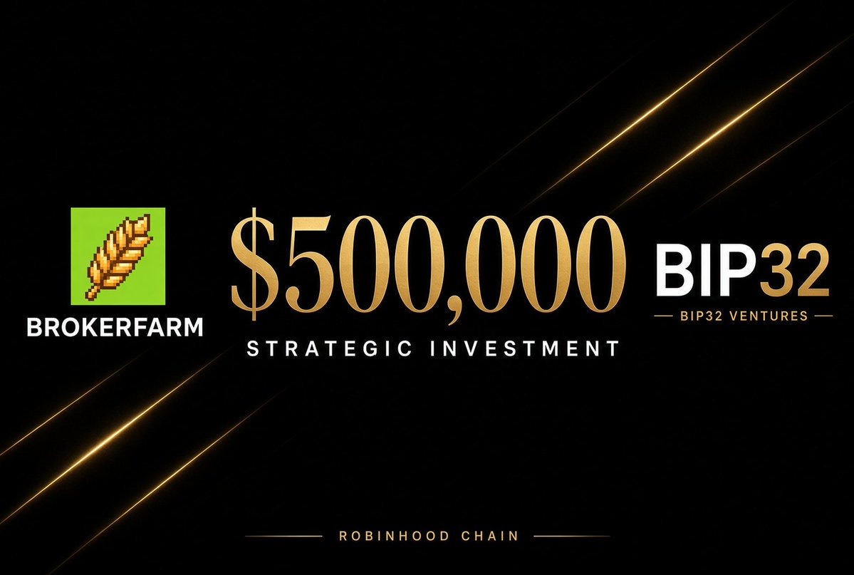 BrokerFarm's tweet photo. BrokerFarm raised $500,000 from @Bip32Ventures.

The capital goes into the game, the chain loop, and the season after First Harvest.

Same team. Same field.  
More runway.

https://t.co/RZX0msvn99

On @RobinhoodApp. https://t.co/l36bZYVVMl