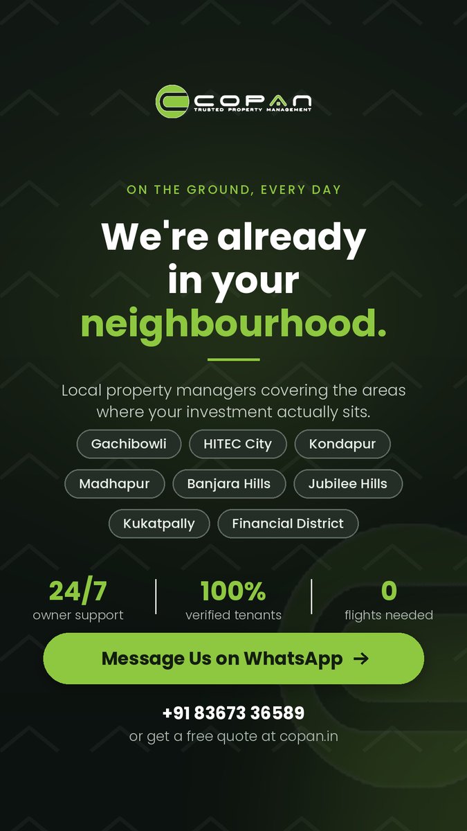 copan_property's tweet photo. Your property deserves local, on-the-ground management.

From Gachibowli &amp; HITEC City to Kondapur, Madhapur, Jubilee Hills and Financial District, COPAN is already in your neighbourhood.

24/7 owner support. 0 flights needed.

+91 83673 36589 | https://t.co/XNc1iiqDwk https://t.co/63o3qZsvAG