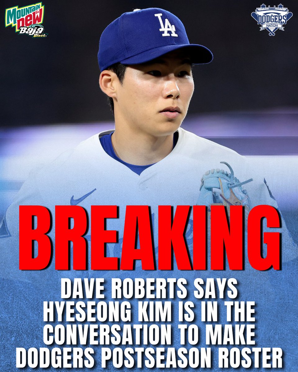 DodgersNation's tweet photo. BREAKING: Hyeseong Kim is in the conversation to make the Dodgers postseason roster, per Dave Roberts 🚨

Kim will be with the Dodgers in the week leading up to the postseason and Dave noted if he can get more consistent with his bat, he could be a big piece.

Presented by @mountaindew