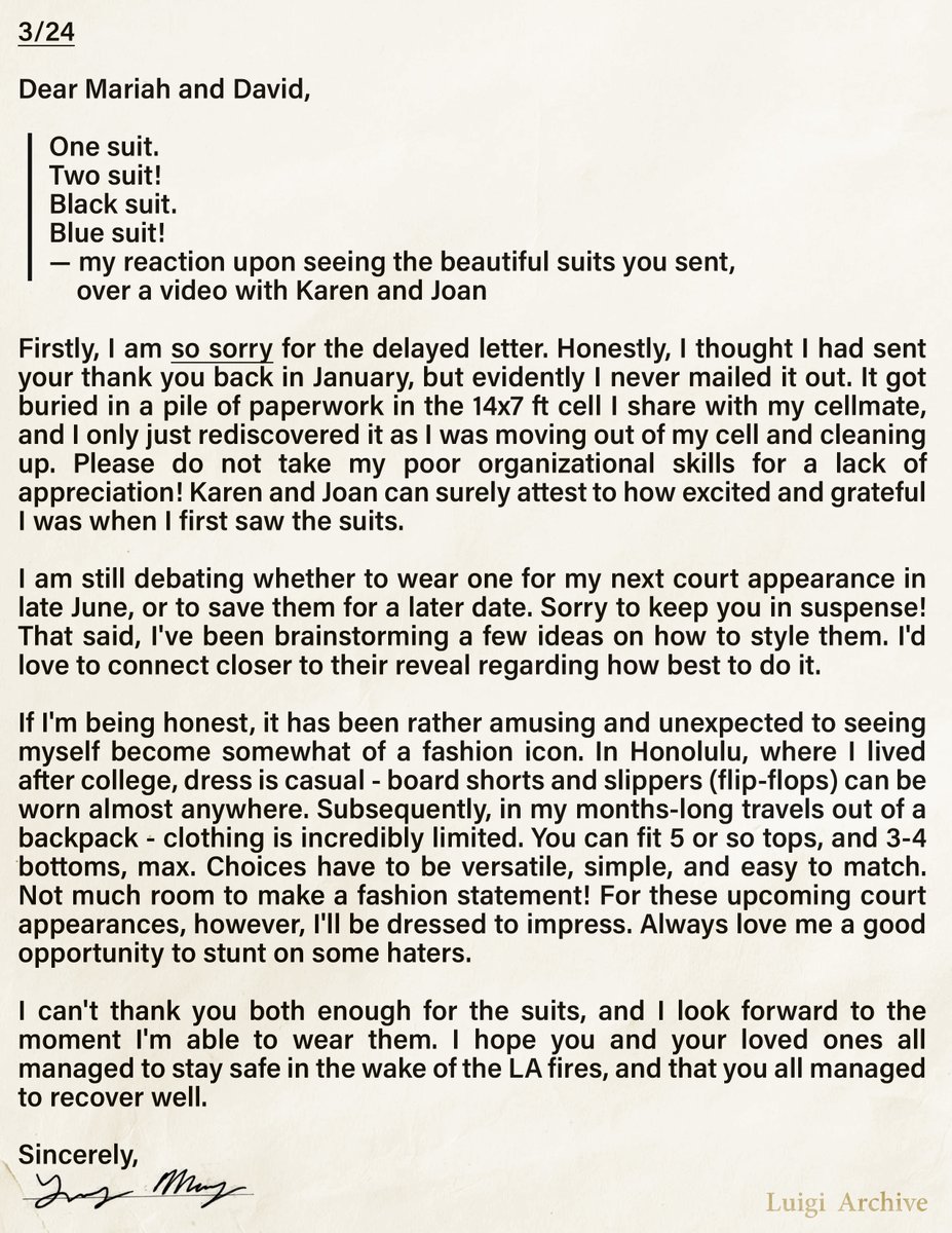 Luigi_Archive's tweet photo. 🚨NEW letter from Luigi (from March 2025) addressed to fashion designers from High Society (an independent, bespoke tailoring shop), who made 2 of the suits Mangione wore to his hearings. "Always love me a good opportunity to stunt on some haters" said Luigi. Transcript: https://t.co/mT99edCxu7