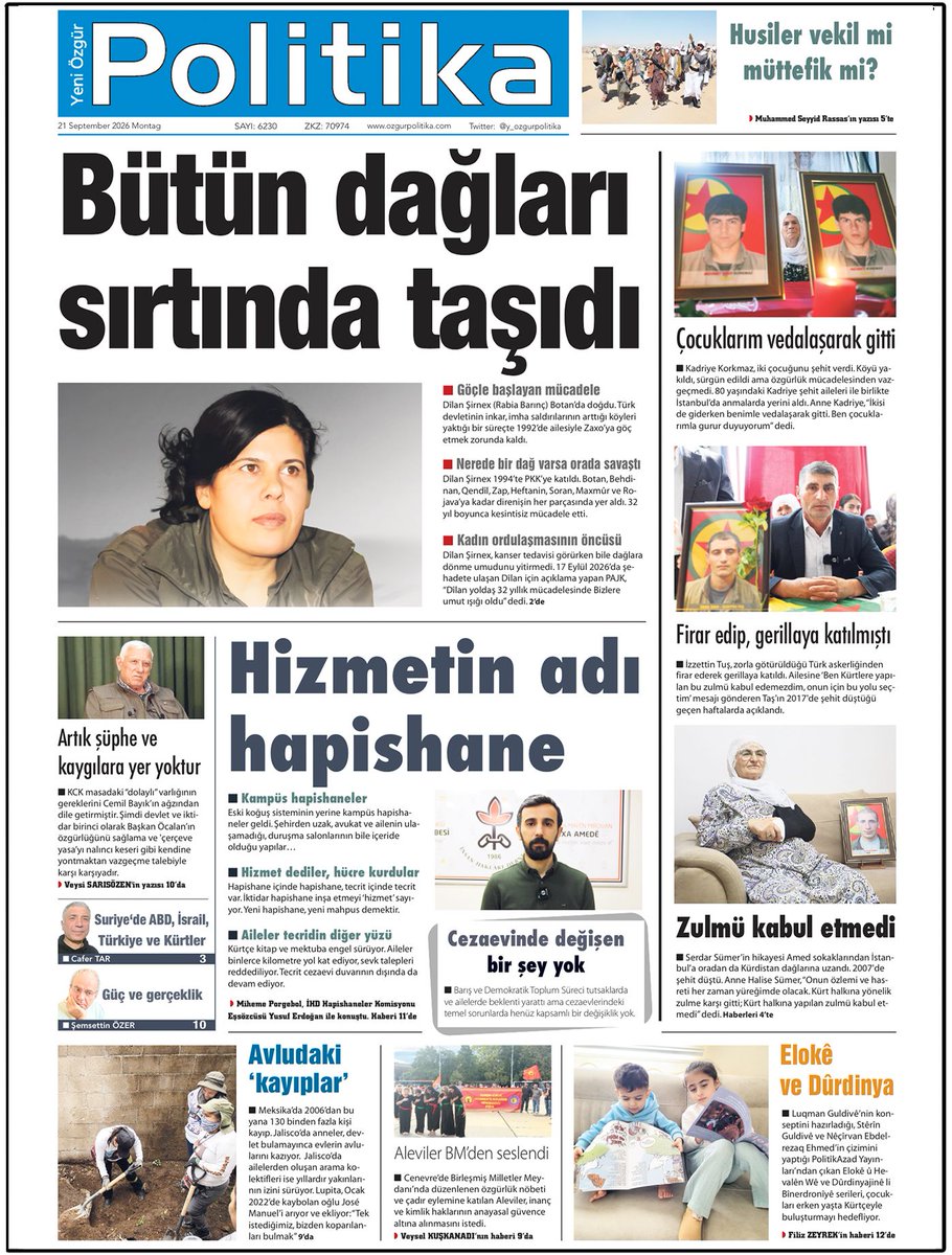 y_ozgurpolitika's tweet photo. 🔴 MANŞET

📌Bütün dağları sırtında taşıdı

◾️1994 yılında gerillaya katılan Dîlan Şirnex (Rabia Barınç) nerede dağ varsa orada savaştı, direnişin sürdüğü birçok parçada mücadele etti. Kanser nedeniyle şehit düşen Dîlan için PAJK, “Bizlere hep umut ışığı oldu” dedi. https://t.co/RxalTo54N0