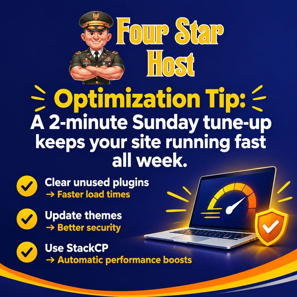 4starhost's tweet photo. Sunday tune‑ups = faster sites all week. StackCP makes the boring stuff automatic — speed, security, updates. Your future self will thank you. https://t.co/oj3WcJYv1g
#WebHosting #WebsiteSpeed #SmallBusiness #stackcp
#DigitalMarketing #OnlineBusiness #TechTips
#BusinessGrowth #EntrepreneurLife #WebDesign
#FourStarHost #FastHosting #WebsitePerformance
#SpeedMatters #SecureHosting #TechSolutions
#HostingProvider #ManagedHosting #WordPressHosting