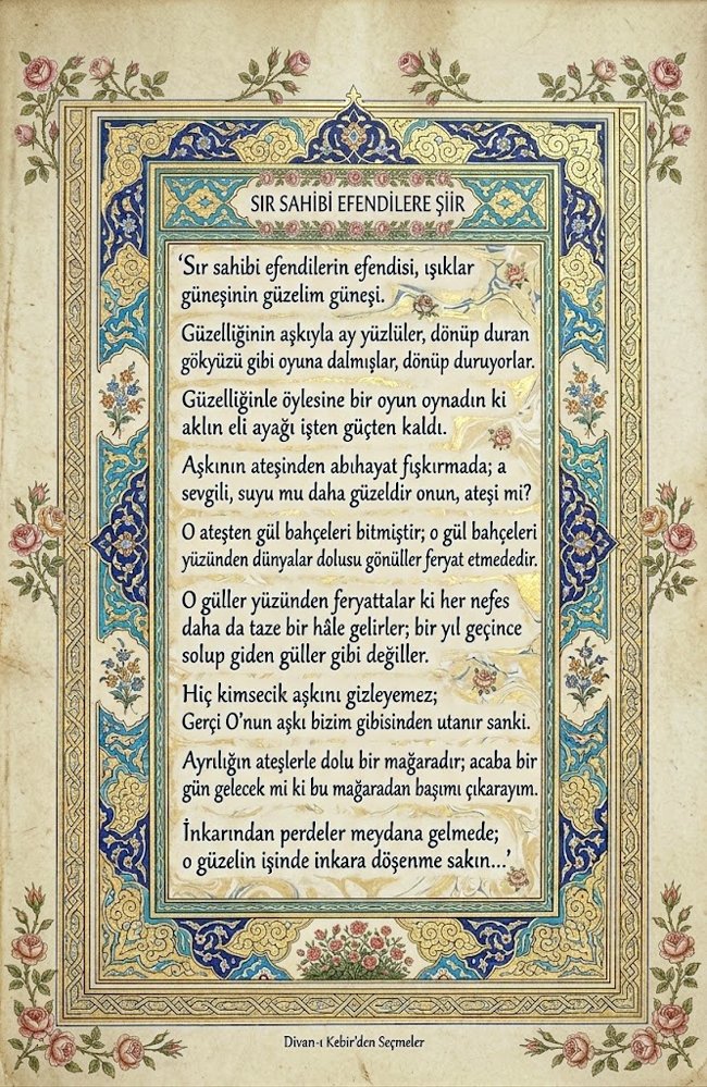 benolanben's tweet photo. [DEM-İ MEVLEVÎ]
Yekî ğârîst hicrâneş por-âteş
Aceb rûzî ber-âram ser ez în ğâr

O'nun ayrılığı ateşlerle dolu bir mağaradır
Gün olur mu ki başım mağradan dışardadır

İnkarından perde üstüne perde çekilmede yüzüne
O dilberin işinde sakın inkara düşüp de olmaz deme❞

Aşk ile dinle https://t.co/OcoTwnuwPA
