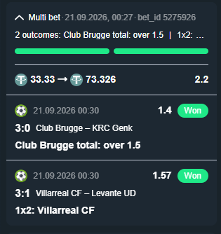 JSimIsHere's tweet photo. 2-fold parlay:
🇧🇪Club Brugge 3-0 Genk
✅Home TT o1.5
🇪🇸Villarreal 3-1 Levante
✅Home Win
#CLUGNK #ClubBrugge #KRCGenk #ProLeague
#VillarrealLevanteUD
#VillarrealCF #LevanteUD #LaLiga
#BettingCommunity #BettingTips #FootballPredictions #MatchPredictions #SportsGambling #futbol https://t.co/ODpcfxvnBf