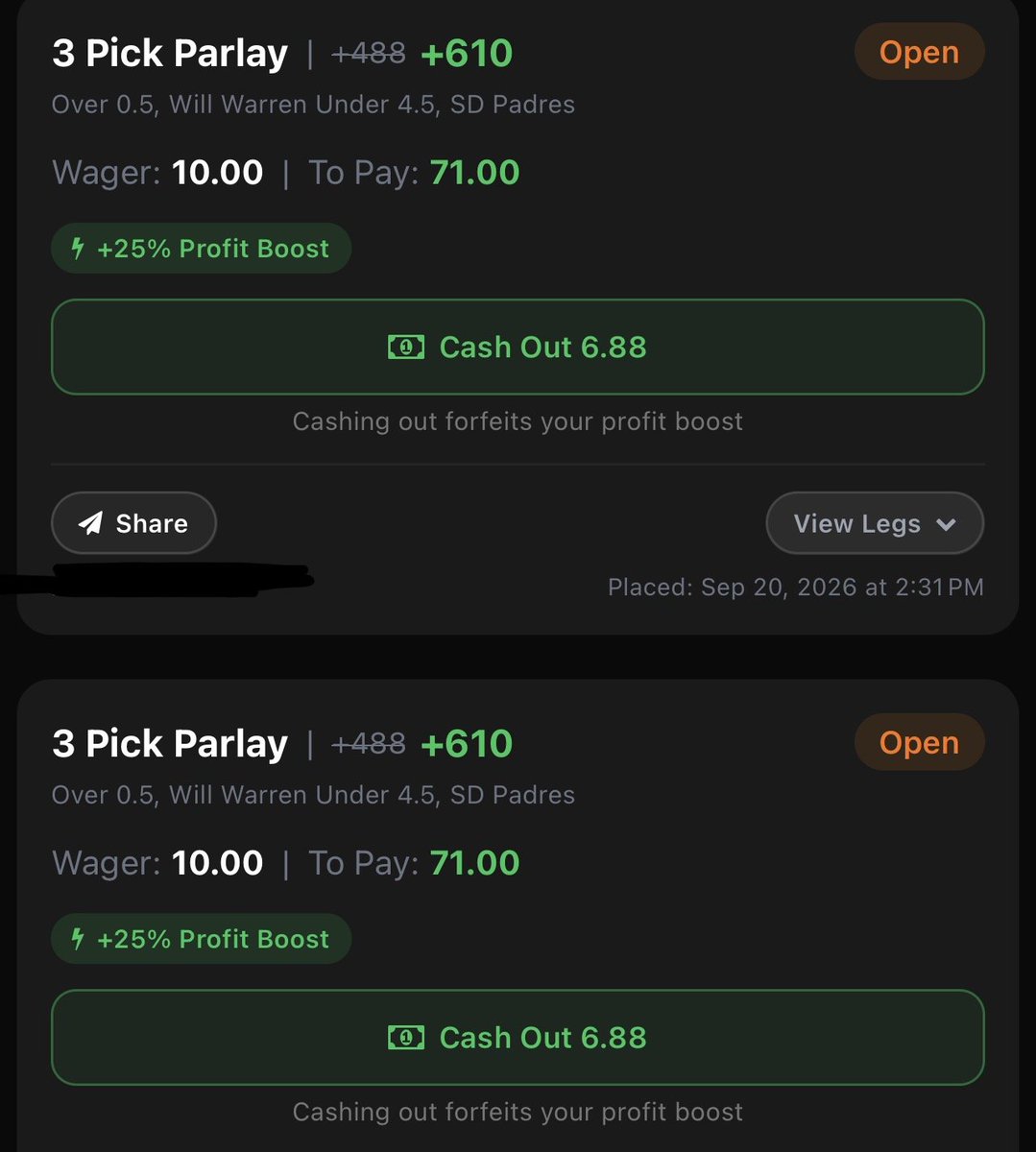 GhostEVplays's tweet photo. โพ๏ธ Courtside MLB 1st Inning & Strikeout Parlay Boost
โพ๏ธ +610 (FV +534.72)
+EV: 11.82%
Playing: 0.10 Unit Promo Max
#courtside #sports #mlb #baseball https://t.co/PpNZ1EZ16w