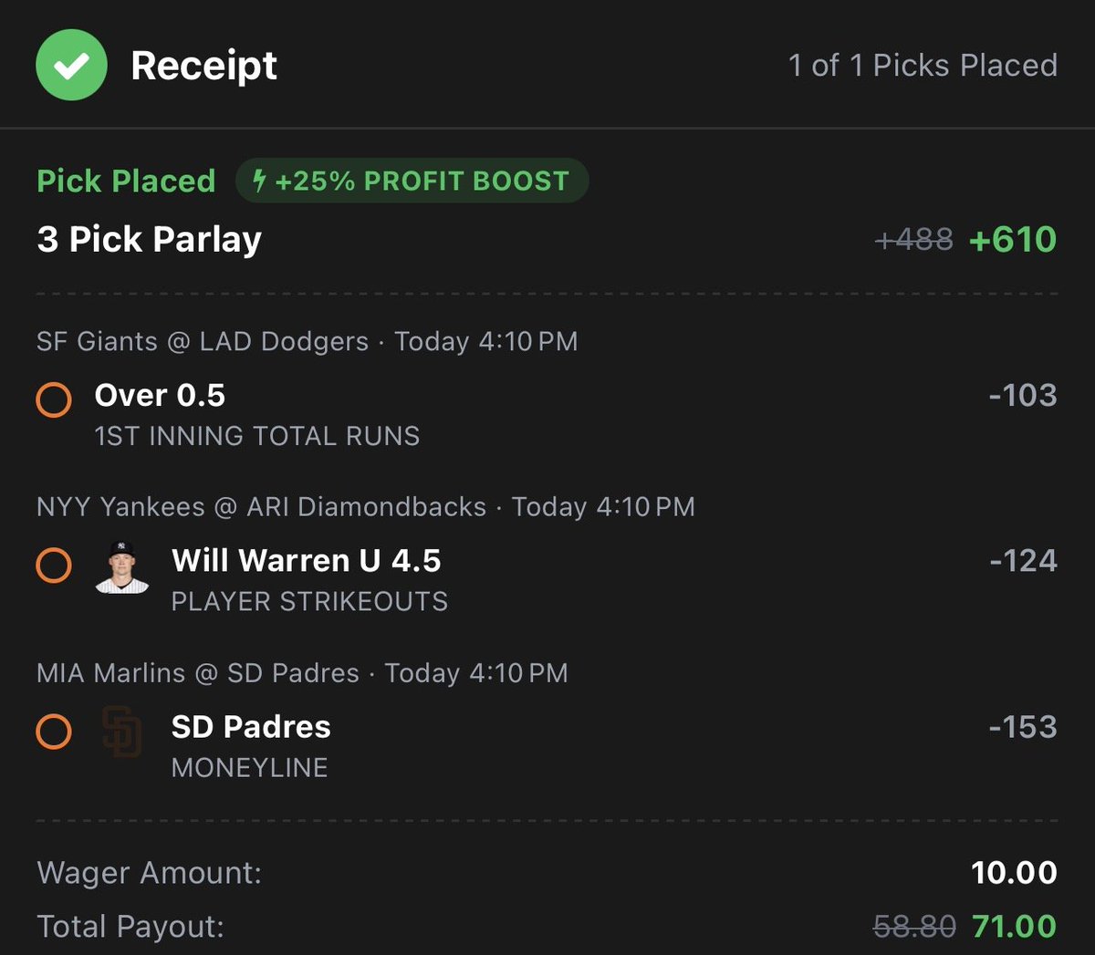 GhostEVplays's tweet photo. โพ๏ธ Courtside MLB 1st Inning & Strikeout Parlay Boost
โพ๏ธ +610 (FV +534.72)
+EV: 11.82%
Playing: 0.10 Unit Promo Max
#courtside #sports #mlb #baseball https://t.co/PpNZ1EZ16w