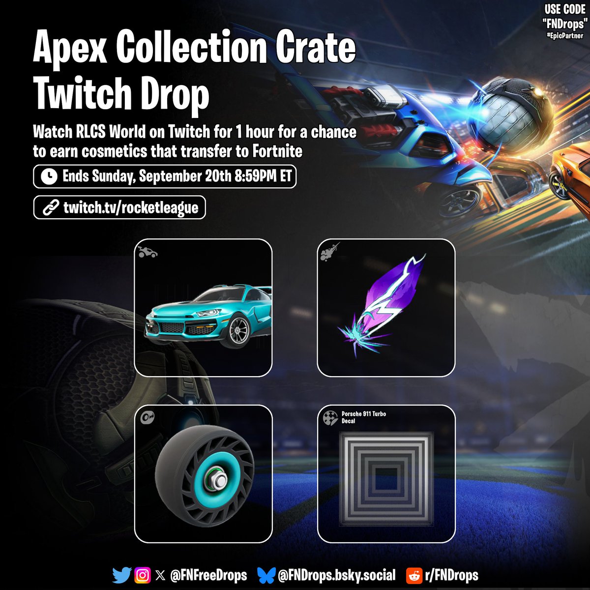 FNFreeDrops's tweet photo. Watch RLCS Worlds on Twitch for 1 hour for a chance to earn cosmetics that transfer to Fortnite

🔗https://t.co/NIE0AFjfBR

🏆Possible Rewards
• Mako Car
• Mosher Boost
• Ollie Wheel
• Huntress Porsche 911 Turbo Decal

⌛️Drop ends Sunday, September 20th 8:59PM ET*

#Fortnite https://t.co/4CsAfJ8IJb