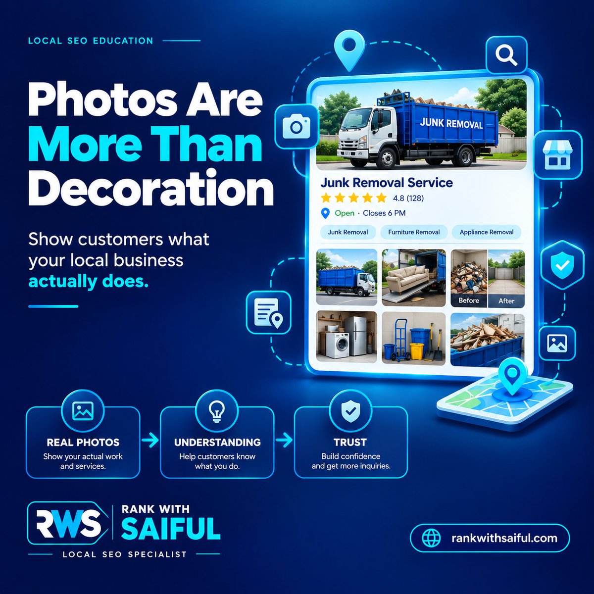 rankwithsaiful's tweet photo. Your Google Business Profile photos are more than decoration.

For a Junk Removal business,show

Real trucks
Actual jobs
Before &amp; after work
Equipment
Your work process
Don't upload random images just to stay active.
Use photos to show customers what your business actually does https://t.co/4fO2IblR6Z