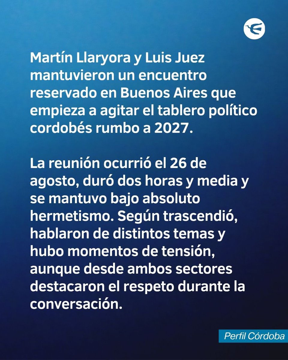 perfilcordoba's tweet photo. LLARYORA EN MODO 2027: CUMBRE SECRETA DE DOS HORAS Y MEDIA CON JUEZ EN BUENOS AIRES

Martín Llaryora y Luis Juez mantuvieron un encuentro reservado en Buenos Aires que empieza a agitar el tablero político cordobés rumbo a 2027. La reunión ocurrió el 26 de agosto, duró dos horas y media y se mantuvo bajo absoluto hermetismo.

Según trascendió, hablaron de distintos temas y hubo momentos de tensión, aunque desde ambos sectores destacaron el respeto durante la conversación. Desde el entorno del gobernador plantearon el encuentro como parte del diálogo institucional entre un mandatario provincial y un senador por Córdoba, y no descartaron que vuelvan a reunirse.

Juez también confirmó el mano a mano y dejó en claro que el diálogo no borra la disputa política: “Él será candidato a gobernador y yo voy a intentar disputarle el poder, ambos sabemos dónde está cada uno”. Además, valoró que se haya producido una conversación de esa magnitud y lamentó que no hubiera ocurrido antes.

La reunión generó ruido en algunos sectores de la oposición, especialmente entre los libertarios más duros. Todo ocurre, además, mientras Juez reconoce un enfriamiento de su vínculo con Javier Milei: “Antes comía milanesas con el Presidente y ahora no me dan pelota”.

+ información en: https://t.co/pMuVXbgHRT 

✍🏻 @ArielBogdanov