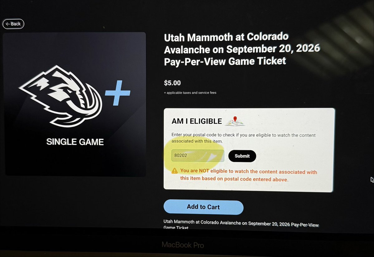 mack1nnon's tweet photo. And not available on Altitude +…. It’s literally being played at Ball Arena 😭😭😭😭 Regional blackouts should cease to exist. If I have a Denver zip I should be able to watch the Avalanche it’s my god given right 🤨 https://t.co/Iz01k2zFV3