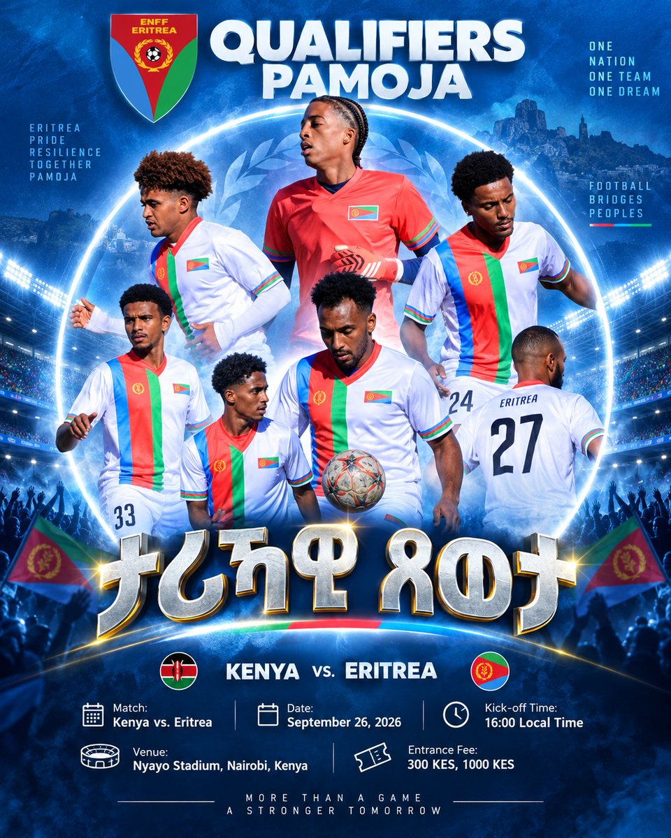 ytmn2's tweet photo. The Eritrea National Football Team is embarking on an exciting journey as it prepares for its highly anticipated first match. The players have dedicated themselves to training, showing impressive physical fitness and mental readiness as they gear up for this crucial Group D AFCON qualifier.  The team is scheduled to face Kenya on September 26, a match that promises to be a significant moment for Eritrean football. After that, they will face South Africa on September 30 in Cairo, another critical step in their qualification campaign. Anticipation is building, and both players and fans are ready to rally together for success. #ENFF #DiscoverEritrea #EmbassyMedia