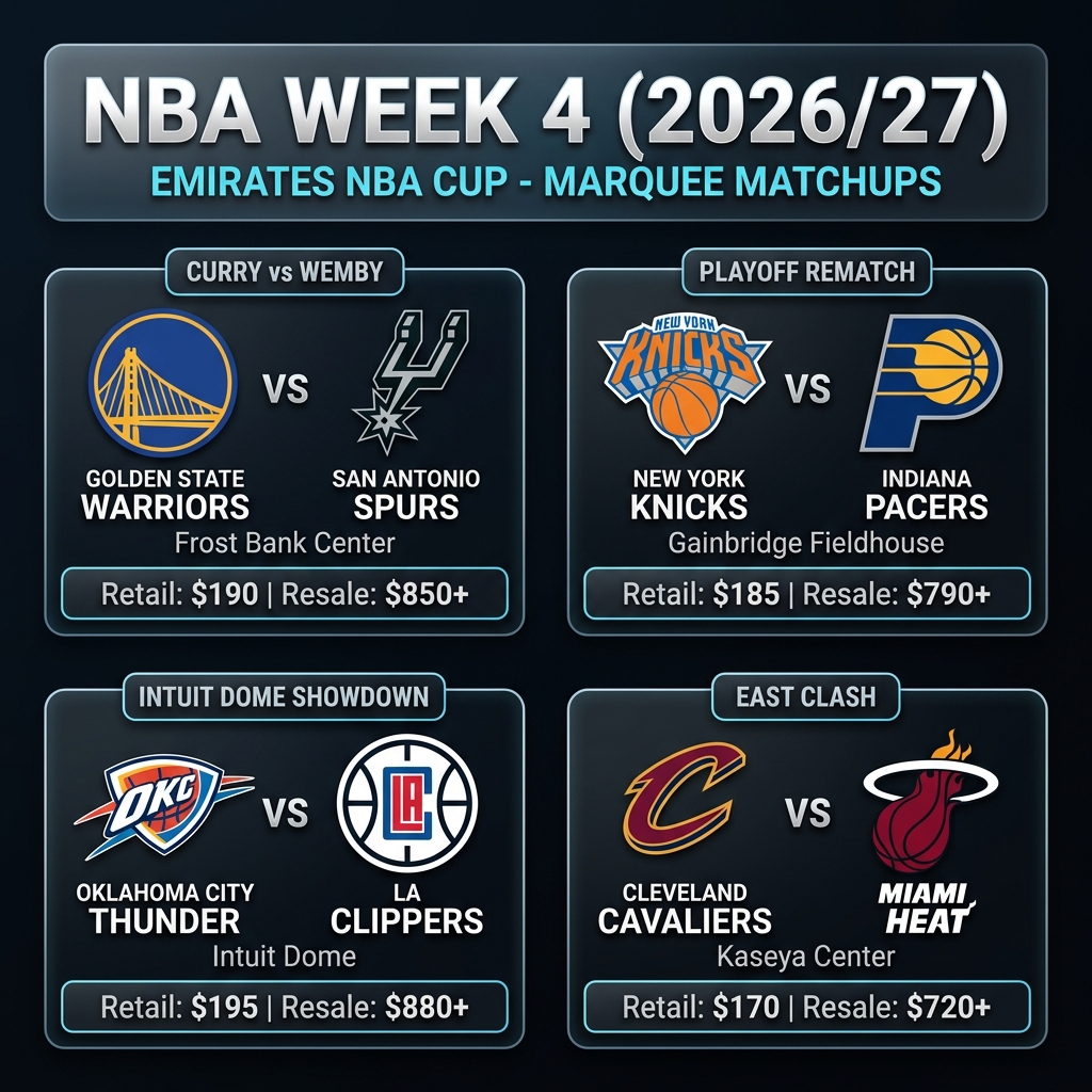 EventSyncSuite's tweet photo. NBA Week 4 brings heavy tournament clashes. ⚡

Curry vs Wemby in Texas, Knicks at Pacers playoff rematch, Thunder at Intuit Dome. Floor allocations drop fast—get front-row access before queues lock up.

Link in bio 🔗

#NBATickets #Ticketmaster #NBA https://t.co/FUq0r3fGD3