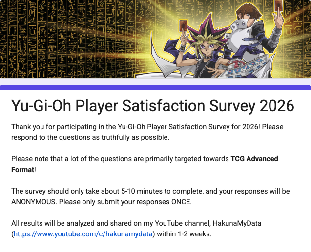 hakunamydata's tweet photo. Hey all! If you could fill out this YGO Player Satisfaction Survey https://t.co/9hwkQYHHzd to share your current concerns/solutions to the state of the game, as well as your thoughts on the most recent ban list, that would be great! Please share with your fellow yugioh networks!! https://t.co/jFtAVLN7jx