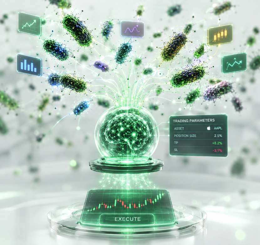 HarmonicEvo's tweet photo. Once the microbes reach consensus, Harmonic AI turns that collective decision into trade parameters.

The ecosystem determines which stock to trade, how much to allocate, and where enter.

The microbes provide the collective intelligence. Harmonic AI provides the mathematical layer that turns it into an executable trade.