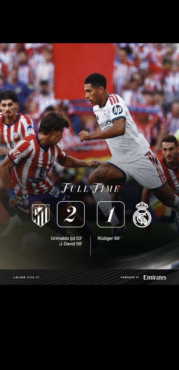 AmigosRM_Marace's tweet photo. Resultado Primera División:

Atlético 2-1 Real Madrid 

Triunfa el Atlético, se estrellan Ortiz Arias y el Madrid.

El Metropolitano vuelve a desnudar a los blancos en un derbi con polémica.

Hala Madrid https://t.co/rYxALsETsR