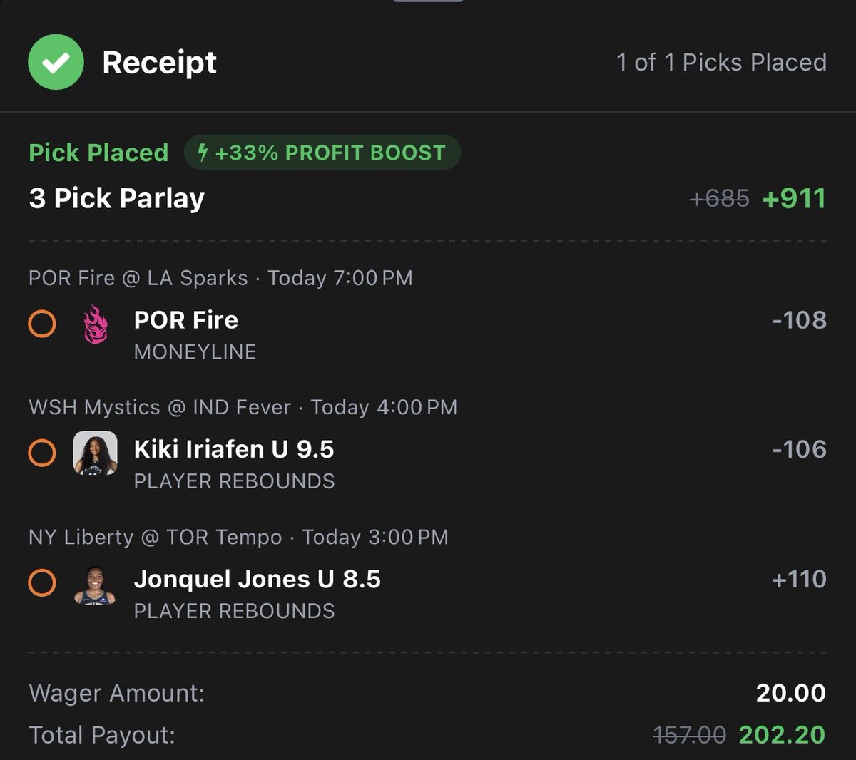 GhostEVplays's tweet photo. ๐ Courtside WNBA Parlay Boost
๐ +911 (FV +842.89)
+EV: 7.27%
Playing: 0.10 Units
#courtside #sports #wnba #basketball https://t.co/KWobA7qFuN