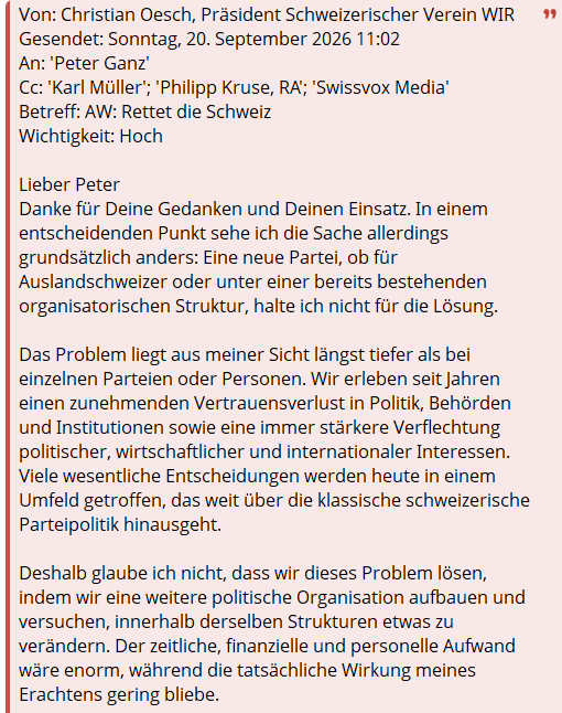 verein_wir's tweet photo. 🔴🔴Veränderung beginnt dort, wo Parteipolitik endet

🇨🇭Antwort auf die Frage; ist es sinnvoll eine Auslandschweizer-Partei zu gründen?

Nicht noch eine Partei aufbauen, sondern bestehende unabhängige Strukturen stärken, Menschen vernetzen und konkrete Projekte umsetzen. Darin sehe ich den wesentlich grösseren Hebel.

Herzliche Grüsse

Christian Oesch
Präsident – Schweizerischer Verein WIR

🔴Aufhebung der Immunität für die WHO
https://t.co/3uLd3XSwTS