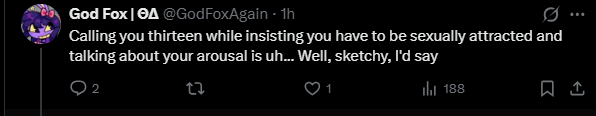 CJgoatboy's tweet photo. @GodFoxAgain @Qyilldrisstessa Well you would be a more reliable source of information about yourself than about your friends. Still it seems pretty obvious that you do not have a dick from your behaviour. 
This comment of yours for example has all the hallmarks of a little girl on twitter. https://t.co/AeuB18Ajna