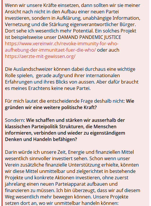 verein_wir's tweet photo. 🔴🔴Veränderung beginnt dort, wo Parteipolitik endet

🇨🇭Antwort auf die Frage; ist es sinnvoll eine Auslandschweizer-Partei zu gründen?

Nicht noch eine Partei aufbauen, sondern bestehende unabhängige Strukturen stärken, Menschen vernetzen und konkrete Projekte umsetzen. Darin sehe ich den wesentlich grösseren Hebel.

Herzliche Grüsse

Christian Oesch
Präsident – Schweizerischer Verein WIR

🔴Aufhebung der Immunität für die WHO
https://t.co/3uLd3XSwTS