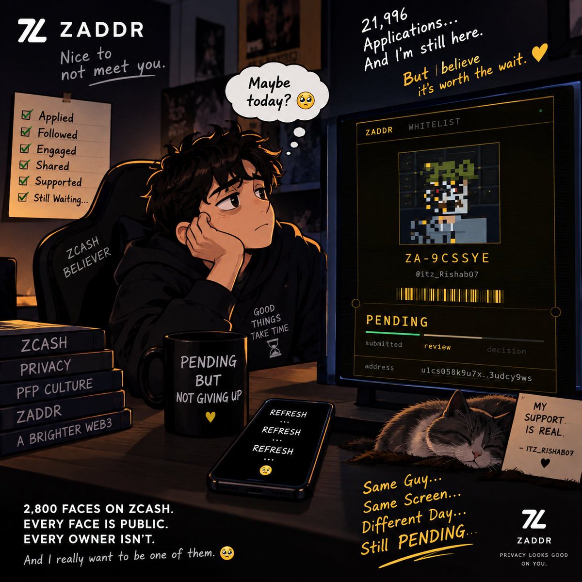 itz_Rishab07's tweet photo. The more I learn about @zaddrnet , the more I like what they’re building. 🛡️

2,800 faces on Zcash.

Your face can be public, while your ownership stays private.

That’s what makes ZADDR interesting to me — it’s not just another PFP collection. It’s bringing the idea of privacy into something people actually use every day: their identity.

I’m still waiting on my own application ZA-9CSSYE, but honestly, I’m enjoying the journey. 🫡

Privacy + PFP culture + Zcash = a pretty interesting combination.
Keep building, @zaddrnet . 🖤

Hopefully I get to be one of those 2,800 someday. 👀