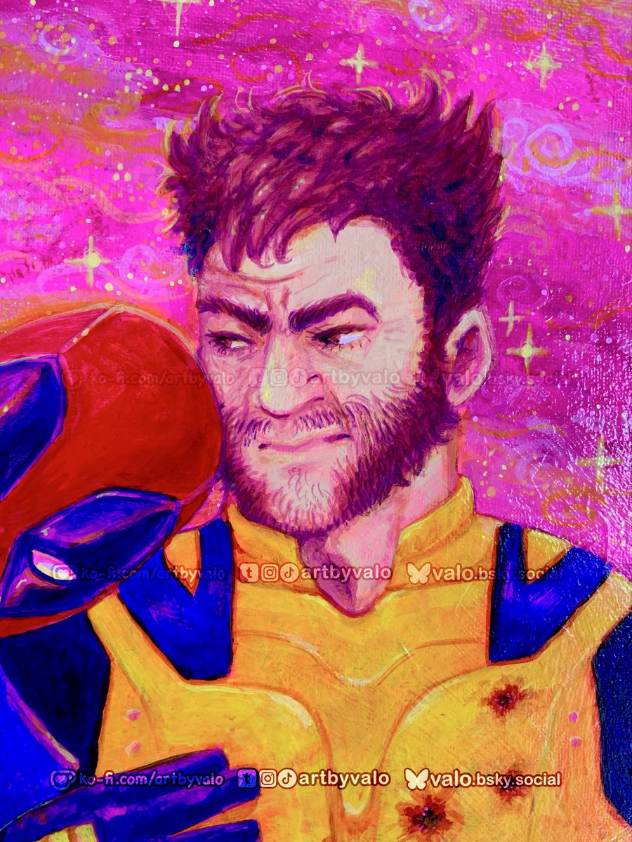 artbyvalo's tweet photo. painted on recycled 12×15" canvas, so don't mind the wonky brush strokes and textures underneath! total time was about 10 hours. gyaaaahhhhh i love them i love my boys

#DeadpoolAndWolverine #poolverine #traditionalart https://t.co/iInXBoowy1