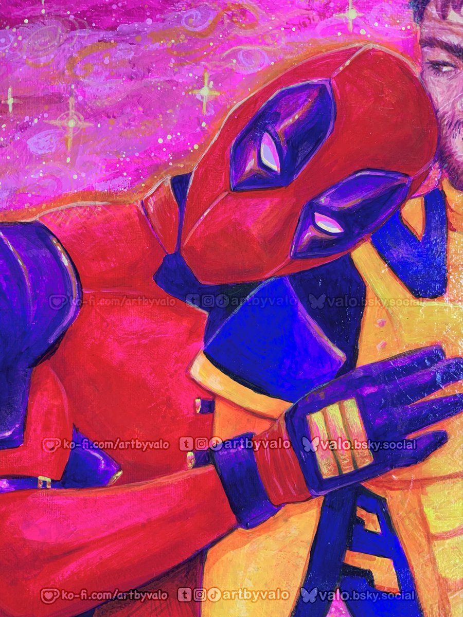 artbyvalo's tweet photo. painted on recycled 12×15" canvas, so don't mind the wonky brush strokes and textures underneath! total time was about 10 hours. gyaaaahhhhh i love them i love my boys

#DeadpoolAndWolverine #poolverine #traditionalart https://t.co/iInXBoowy1