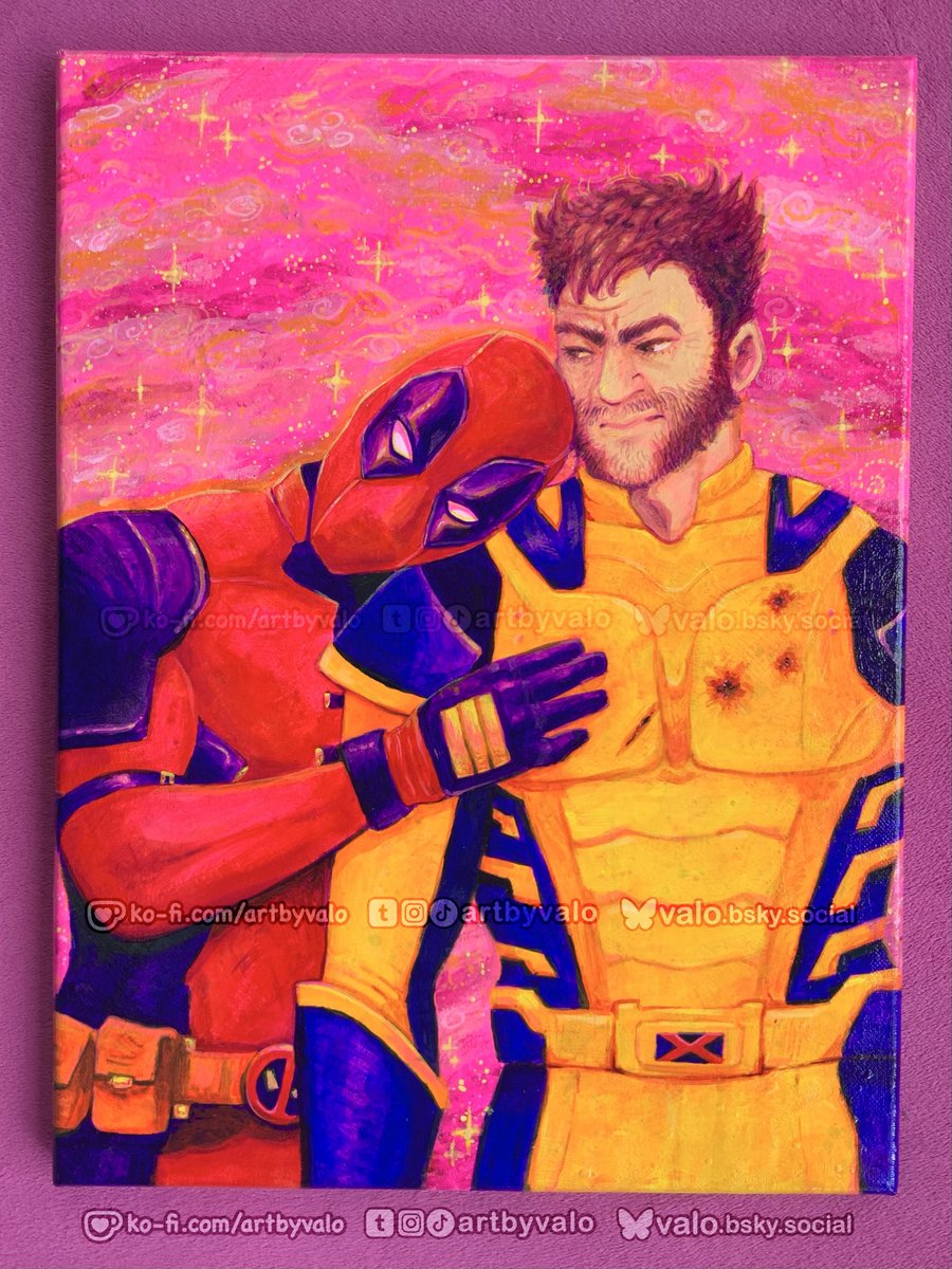 artbyvalo's tweet photo. painted on recycled 12×15" canvas, so don't mind the wonky brush strokes and textures underneath! total time was about 10 hours. gyaaaahhhhh i love them i love my boys

#DeadpoolAndWolverine #poolverine #traditionalart https://t.co/iInXBoowy1