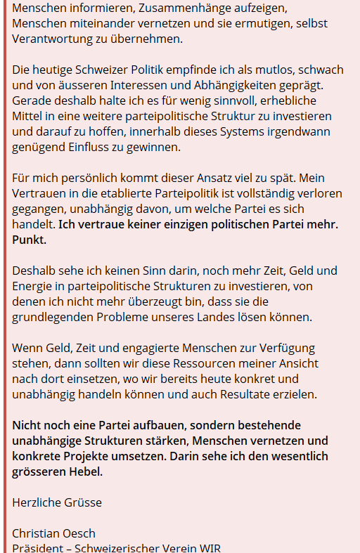verein_wir's tweet photo. 🔴🔴Veränderung beginnt dort, wo Parteipolitik endet

🇨🇭Antwort auf die Frage; ist es sinnvoll eine Auslandschweizer-Partei zu gründen?

Nicht noch eine Partei aufbauen, sondern bestehende unabhängige Strukturen stärken, Menschen vernetzen und konkrete Projekte umsetzen. Darin sehe ich den wesentlich grösseren Hebel.

Herzliche Grüsse

Christian Oesch
Präsident – Schweizerischer Verein WIR

🔴Aufhebung der Immunität für die WHO
https://t.co/3uLd3XSwTS