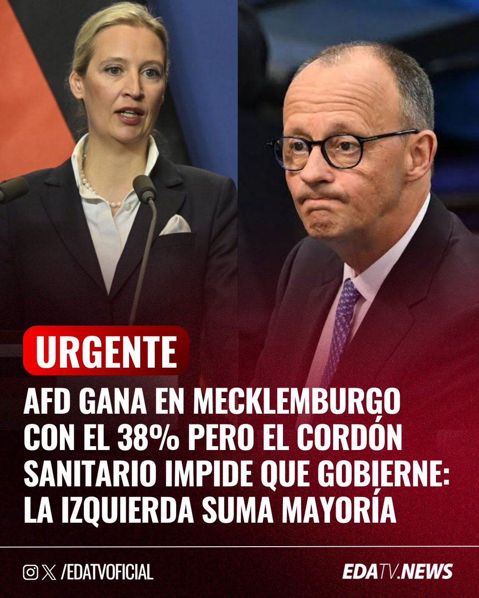 edatvoficial's tweet photo. ‼️🇩🇪 | AfD lidera en Mecklemburgo con el 38% y un crecimiento de 21 puntos pero no podrá gobernar por el cordón sanitario: SPD Verdes y Die Linke suman las 37 bancas necesarias para formar gobierno. Los centristas de la CDU prefieren que gobierne la izquierda antes que pactar con AfD.