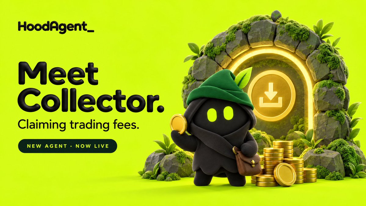 HoodAgent_'s tweet photo. Our newest agent has arrived. 🌿

Meet Collector, the sixth member of the hideout, with a portal of its own and a dedicated job: claiming trading fees while the rest of the team keeps working.

Collector and its portal are now live.

https://t.co/YwG7IXo1Zx https://t.co/xek3DO5pWO