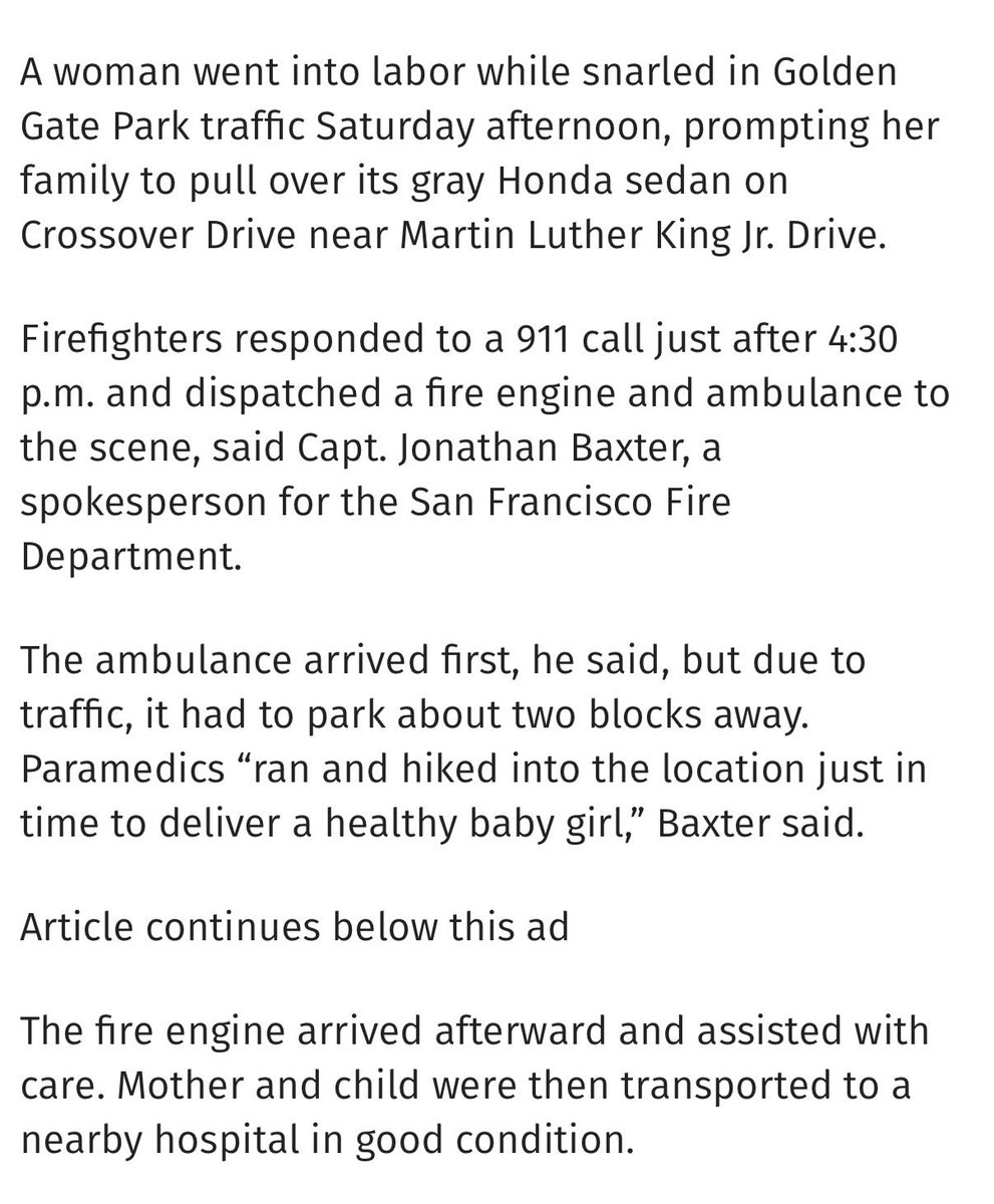 KimChiSpicey's tweet photo. Due to traffic in Golden Gate Park, the ambulance had to park two blocks away, to assist a woman after giving birth in that same traffic. https://t.co/YK5ornua1b