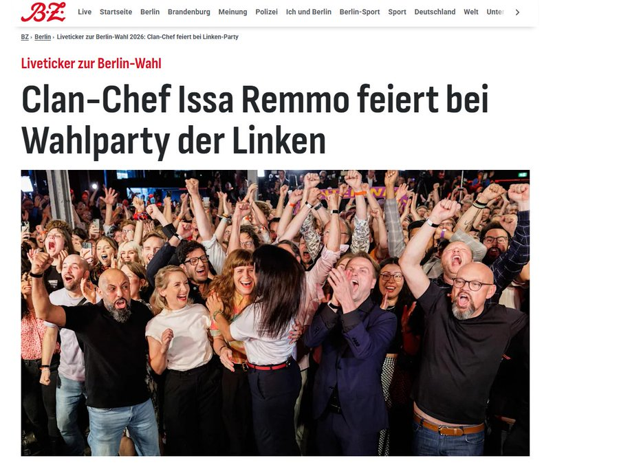 Wolfzieg's tweet photo. Por qué no dices que el de la izquierda que celebra con ellos es Issa Remmo de la mafia kurda y Clan Criminal más poderoso de Alemania ? Es decir, que ha organizado a toda la comunidad marrón para que votase a los podemitas alemanes?
@grok

explica qué es el Clan Remmo de Alemania.
