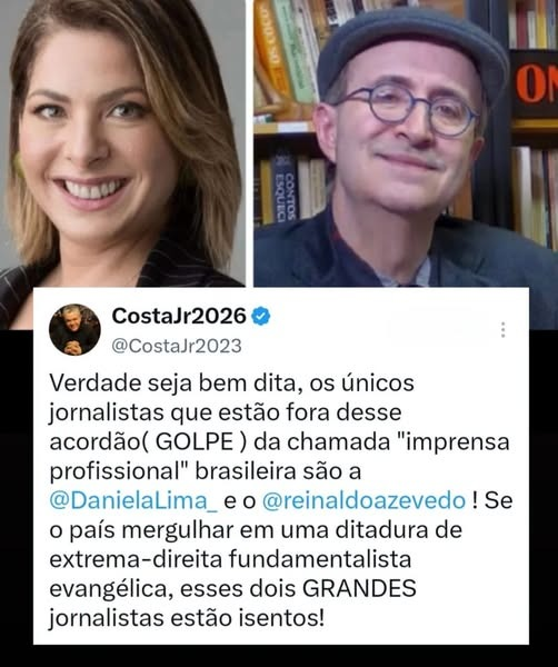 DilmaResiste's tweet photo. Daniela Lima e Reinaldo Azevedo são 2 vozes da mídia corporativa que conseguem escapar do trivial e da informação de manada. Até quando não sabemos.
(Pragmatismo Político)
Siga nosso novo Instagram, que a Meta derrubou sem motivos com mais de 80K.  https://t.co/BLLoJkqDru https://t.co/wHcmKh8R0s