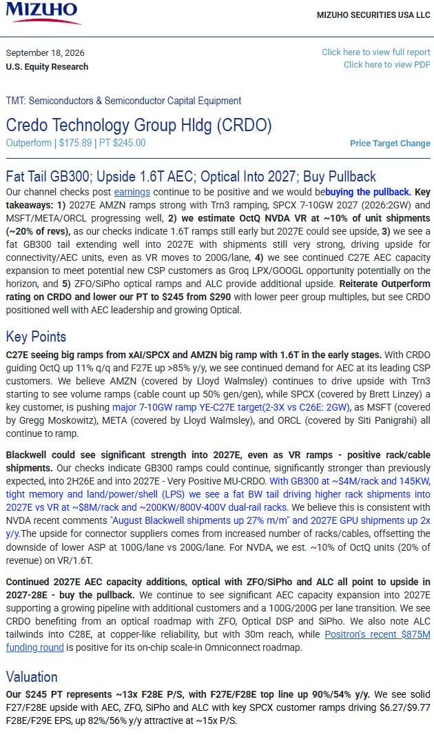 sean_________'s tweet photo. Mizuho on $CRDO: "very positive $MU / CRDO":
"Our checks indicate GB300 ramps could continue, significantly stronger than previously expected, into 2H26E and into 2027E - Very Positive MU-CRDO. With GB300 at ~$4M/rack and 145KW, tight memory and land/power/shell (LPS) we see a fat BW tail driving higher rack shipments into 2027E vs VR at ~$8M/rack and ~200KW/800V-400V dual-rail racks. We believe this is consistent with $NVDA recent comments "August Blackwell shipments up 27% m/m" and 2027E GPU shipments up 2x y/y.The upside for connector suppliers comes from increased number of racks/cables, offsetting the downside of lower ASP at 100G/lane vs 200G/lane. For NVDA, we est. ~10% of OctQ units (20% of revenue) on VR/1.6T."