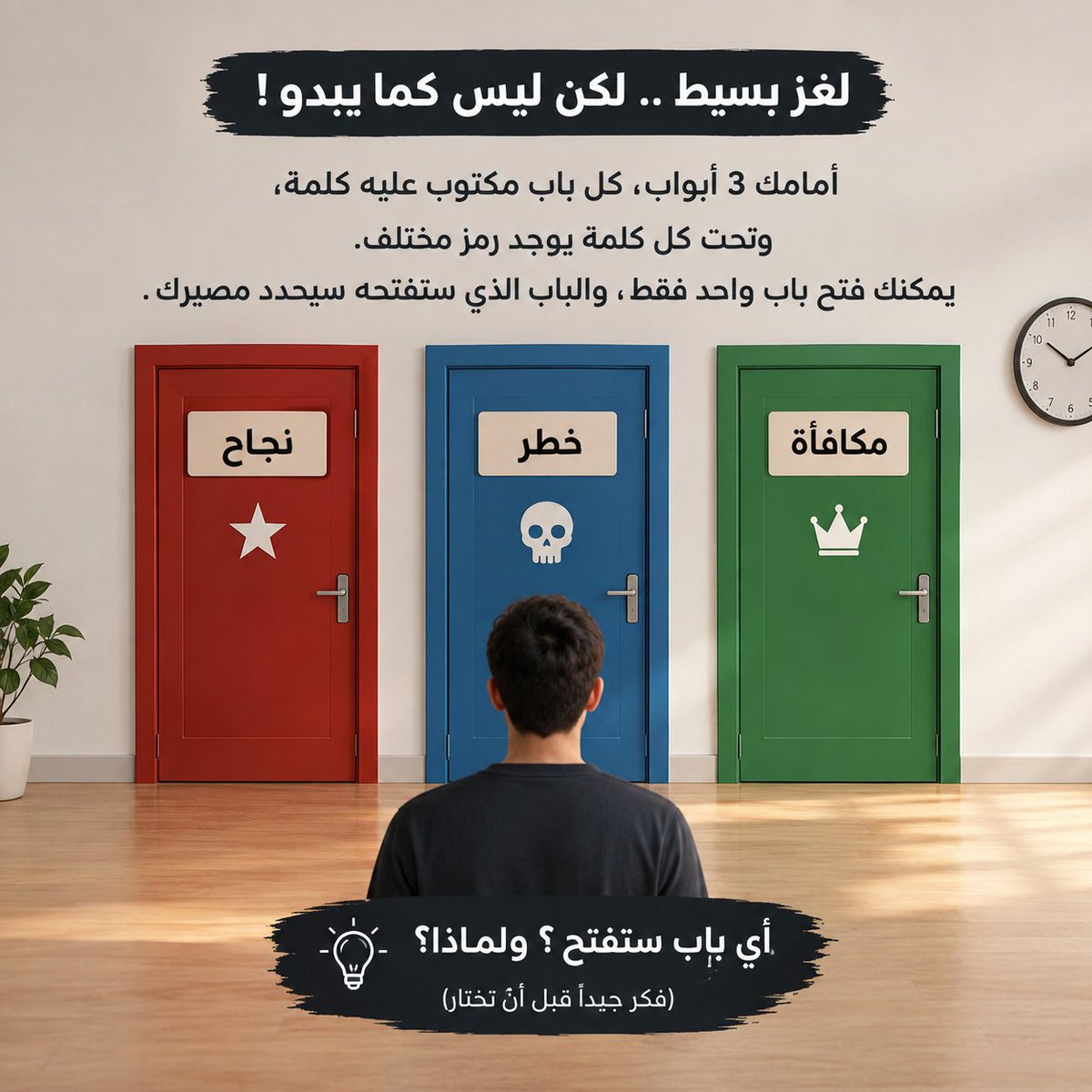 aqlkhafi's tweet photo. لغز بسيط... لكن لا تستعجل 👀
 
أمامك 3 أبواب، وباب واحد فقط هو الذي سيقودك للنجاة.
 
🔴 باب النجاح
🔵 باب الخطر
🟢 باب المكافأة
 
أي باب ستختار؟ ولماذا؟
 
لا تنظر لإجابة غيرك قبل أن تختار. 🧠 https://t.co/710qnhou6Q