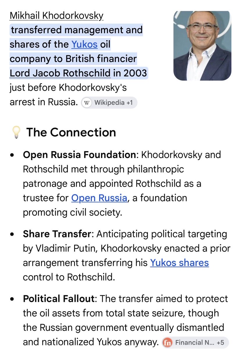 Uncommonsince76's tweet photo. Not enough people know that a Jewish oligarch in Russia tried to transfer his Oil assets to the Rothschilds when he knew Putin was going to strip him of them. 

Then Putin stripped them both of their assets and returned them to the Russian people. 

Based Putin. https://t.co/6gcFyVly4W