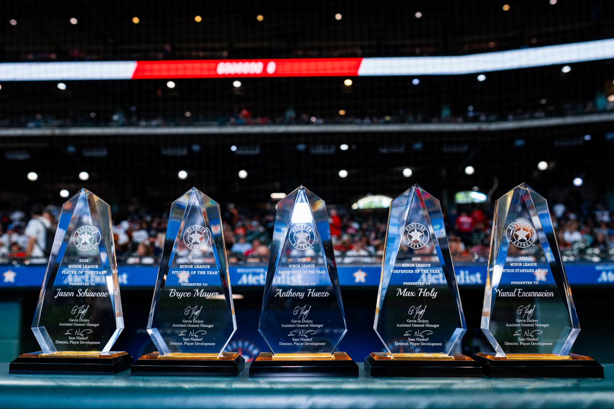 AstrosPlayerDev's tweet photo. Today, the #Astros honored their 2026 Minor League Players of the Year in Houston.

Congratulations to Jason Schiavone, Bryce Mayer, Anthony Huezo, Max Holy and Yamal Encarnación on outstanding campaigns. https://t.co/ZZL9kAE5nA