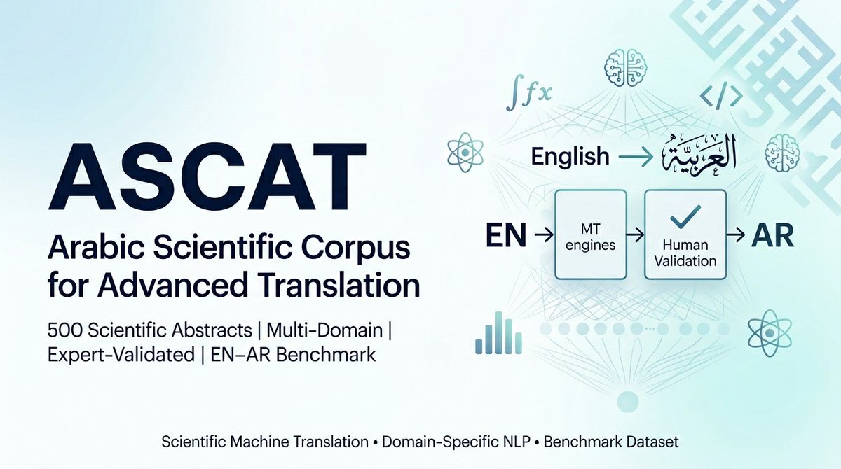 namaa_anlp's tweet photo. من ال𝗱𝗮𝘁𝗮𝘀𝗲𝘁𝘀 المعروفة للترجمة بين الإنجليزية والعربية:
𝗗𝗘𝗔𝗦𝗧 مبنية على عناوين رسائل جامعية، بمتوسط حوالي 𝟵 كلمات،
و𝗣𝗘𝗔𝗖𝗛 على جمل في المجال الصحي، بمتوسط حوالي 𝟭𝟬–𝟭𝟮 كلمة.

لكن النصوص بهذا القِصر لا تعكس التحديات الموجودة عند ترجمة ملخص علمي كامل، حيث تصبح بنية الجمل أكثر تعقيدًا، وترتبط الأفكار ببعضها عبر النص.

لذلك بنينا 𝗔𝗦𝗖𝗔𝗧: 𝟱𝟬𝟬 ملخص علمي كامل بالإنجليزية والعربية، راجعها خبراء على ثلاثة مستويات: المفردات، والتركيب، والمعنى.

وصُممت ك𝗯𝗲𝗻𝗰𝗵𝗺𝗮𝗿𝗸 لتقييم الترجمة العلمية الآلية. 

🔗 الورقة: https://t.co/pqlZPhrUce
🔗 البيانات: https://t.co/iNvTiZAOVQ