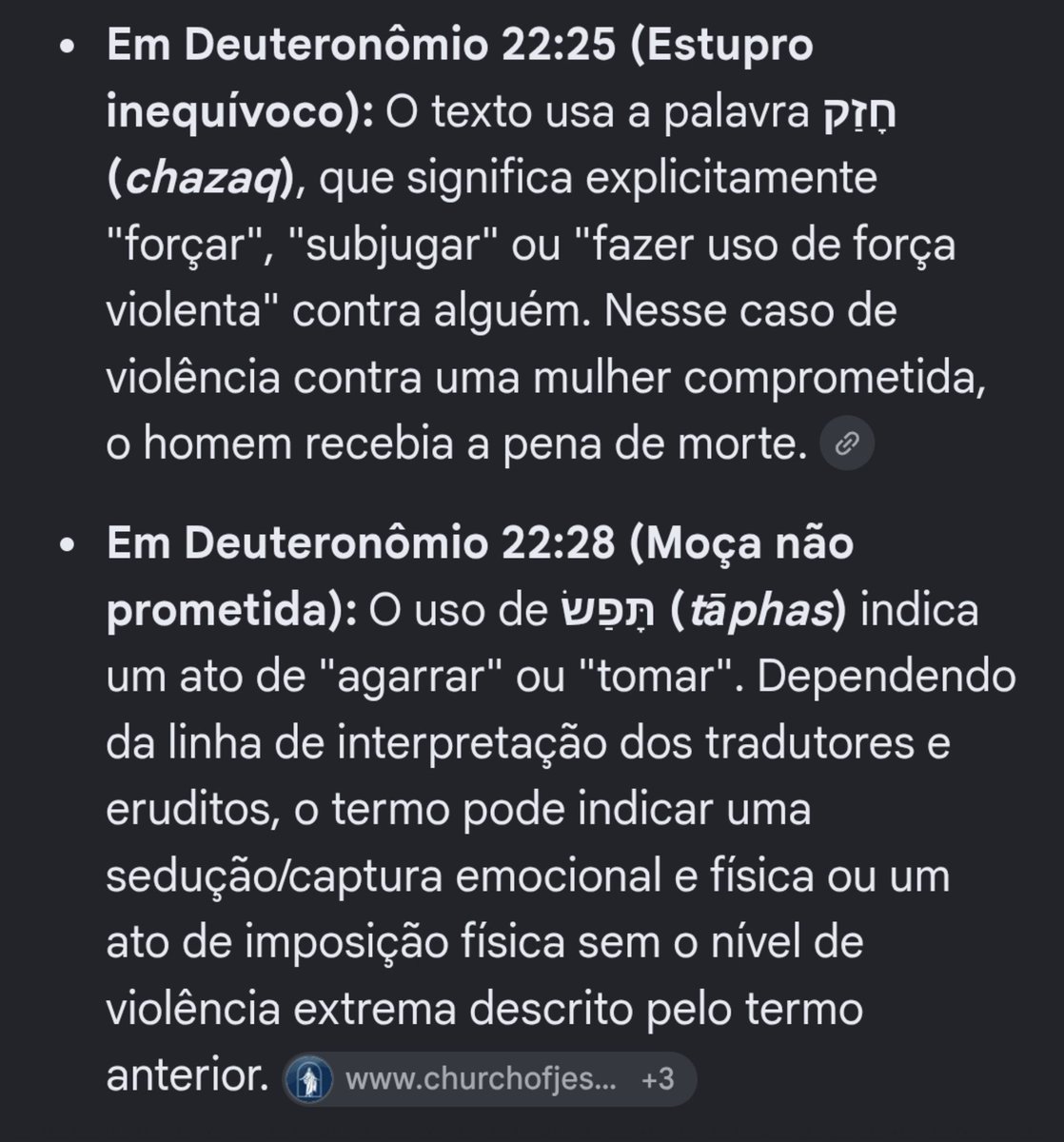 mtxcaua2004's tweet photo. @juridicarol @MatheusWillrkm @isousa_ @atenadesgracada A diferença não é "casada vs solteira" (o v. 25 fala de noiva). A diferença central é o verbo:
- V. 25: chazaq (forçar/violentar = crime com pena de morte)
- V. 28: taphas (tomar/manter = sedução pré-conjugal)
Se o ato fosse o mesmo, o legislador não mudaria a terminologia. https://t.co/dDR8WW7rK8